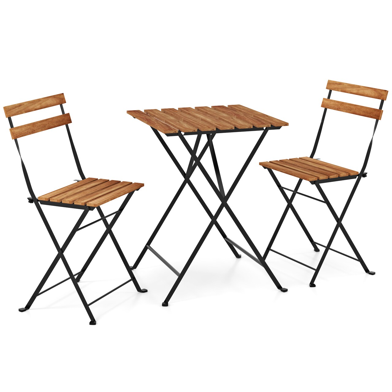 Acacia Wood Folding Patio Bistro Set with 2 Chairs, Metal Frame and Space-Saving Design